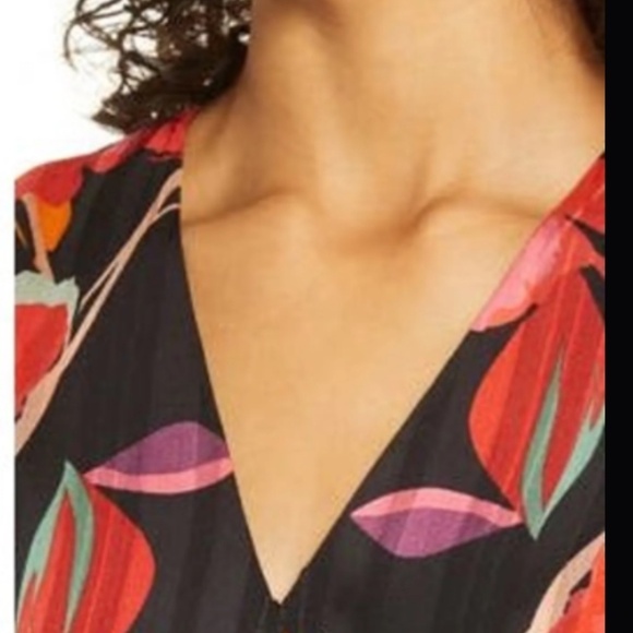 Adelyn Rae Wrap Dress High Low Chiffon Long Sleeve Black Red Print Sheer Sleeve - Picture 4 of 15